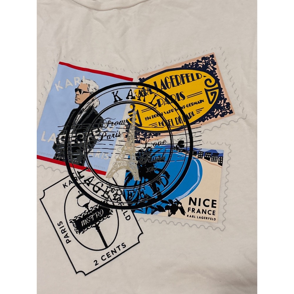 Karl Lagerfeld Paris Womens White Graphic Tee Eiffel Tower Postage Stamp Large - Picture 2 of 4